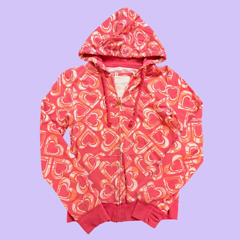 Y2K Aeropostale Pink Orange Heart Print Full Zip Hoodie Sweatshirt #19